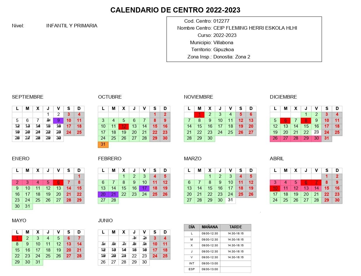 Fleming Eskola Egutegia 2022-23 ES